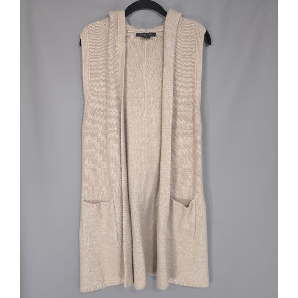 TAHARI Women's Size M Sleeveless Hooded Knit Long Vest Cardigan Beige